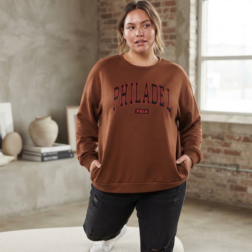 Shein Curve plus size 4XL brown Philadelphia pullover sweatshirt streetwear cozy